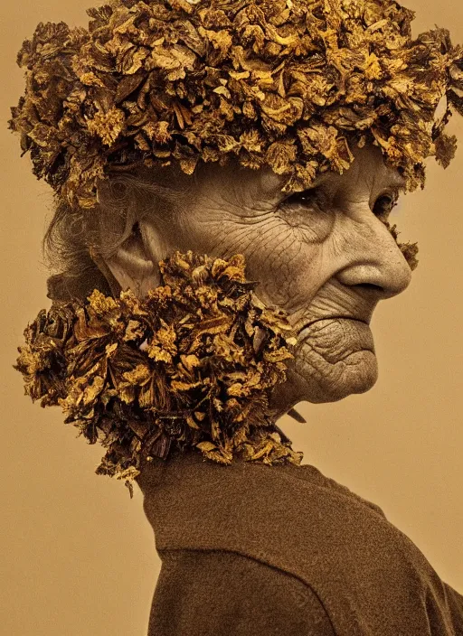 Prompt: an old woman's face in profile, made of dried flowers, in the style of Rembrandt and Gregory Crewdson, dark and moody