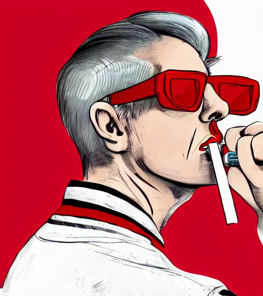 Image similar to young man in red jacket and white shirt, white hair, round goggles, smoking cigarette, character portrait, sharp focus, illustration, high detailed