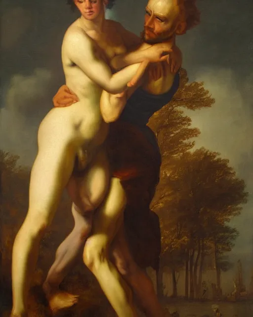 Prompt: a painting of a man holding a woman in his arms by heinrich lossow, trending on deviantart, transgressive art, flemish baroque, furaffinity, renaissance painting