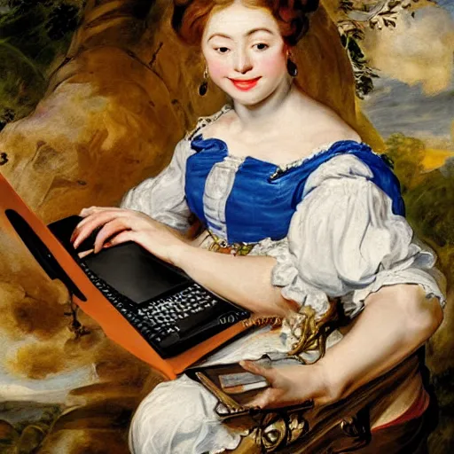 Image similar to heavenly summer sharp land sphere scallop well dressed lady working on her laptop auslese, by peter paul rubens and eugene delacroix and karol bak, hyperrealism, digital illustration, fauvist