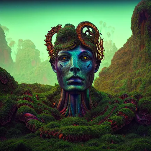 Image similar to ancient giant iridescent dead god being in desolate and lush landscape, moody, :: by James Jean, Jeff Koons, Dan McPharlin Daniel Merrian :: ornate, dynamic, particulate, rich colors, intricate, elegant, highly detailed, centered, artstation, smooth, sharp focus, octane render, 3d