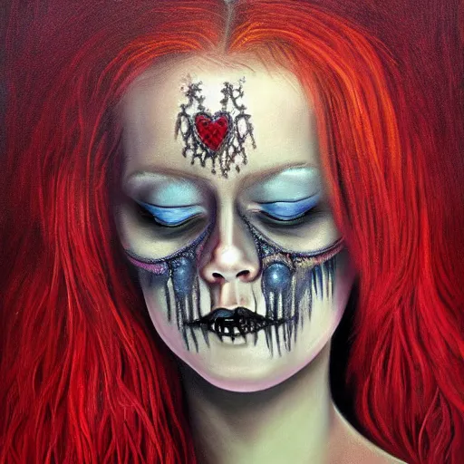 Image similar to a hyperrealistic painting of a beautiful gothic princess crying tears of blood, by Mark Lovett, vivid color, highly detailed,