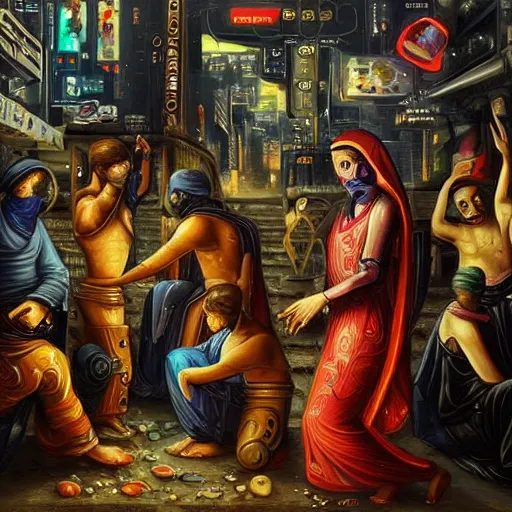 Prompt: beautiful detailed religious oil painting of a war between robotic cyborg Street kids and business people in suits, cyberpunk