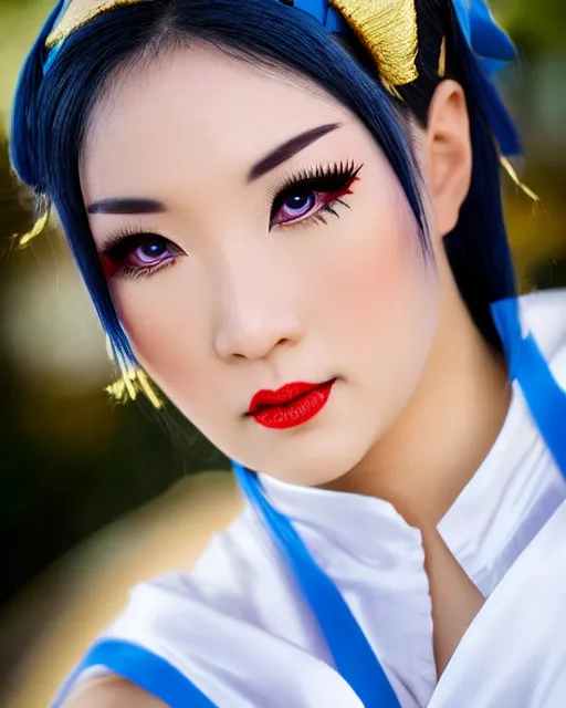 Image similar to Beautiful close highly detailed portrait of a Chun-Li from Street Fighter 2 cosplayer in her iconic signature main outfit. Award-winning photography. XF IQ4, 150MP, 50mm, f/1.4, ISO 200, 1/160s, natural light, rule of thirds, symmetrical balance, depth layering, polarizing filter, Sense of Depth, AI enhanced