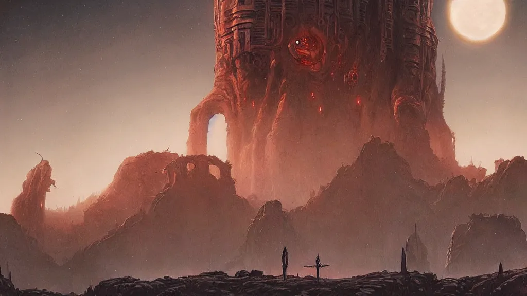 Image similar to eerie atmospheric alien planet with biomechanical plants and the ruins of civilization by les edwards and vincent di fate and anato finnstark, epic cinematic matte painting