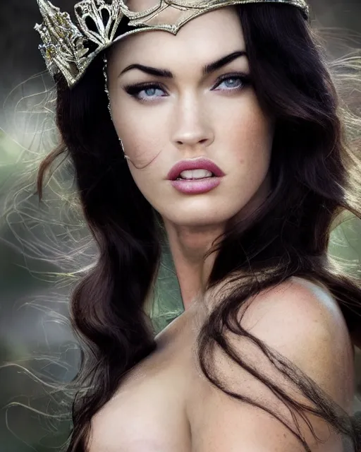 Prompt: 2 8 mm closeup portrait of very beautiful seductive megan fox cleric wearing a tiara made from dreams in a fantasy wonderland, glamour pose, long wind swept hair, ethereal, dreamy, backlit, highly detailed, realistic lighting, sharp focus, rule of thirds, artgerm, wlop, arney freytag, frank frazetta, hd, octane, 4 k,