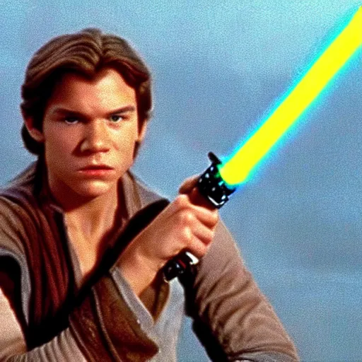 Image similar to A full color still from a film of a teenage Han Solo as a Jedi padawan holding a lightsaber hilt, from The Phantom Menace, directed by Steven Spielberg, 35mm 1990