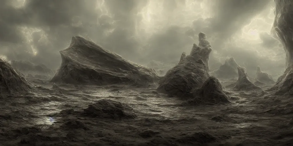 Image similar to photorealistic strange concept art of ship build from dinosaur bones, by katrina van grouw and bruce mahalski. an epic landscape, with ominous storm clouds, a gentle rising mist. occult photorealism, uhd, amazing depth, glowing, golden ratio, 3 d octane cycle unreal engine 5, volumetric lighting, cinematic lighting, cgstation artstation concept art