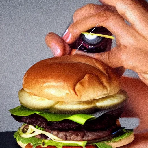 Image similar to a woman sewing human eyes onto a burger, 4 k, hyper realistic,