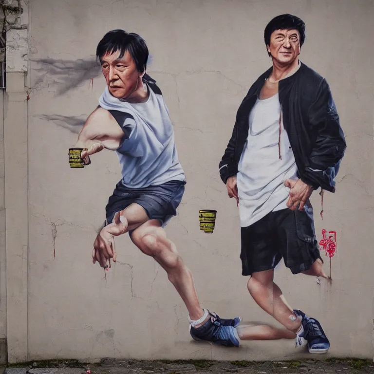 Image similar to Street-art full-body portrait of Jackie Chan in style of Etam Cru, photorealism