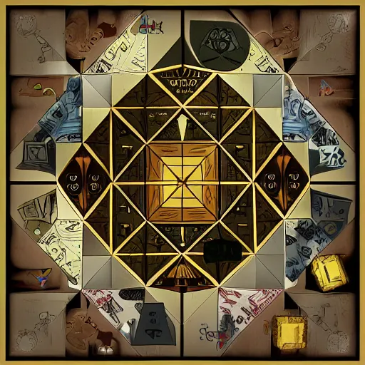 Image similar to a 3 d render of a pentagonal board game board covered in illumaniti illustrations. conspiracy theories, in the style of gravity falls, digital art - w 7 6 8