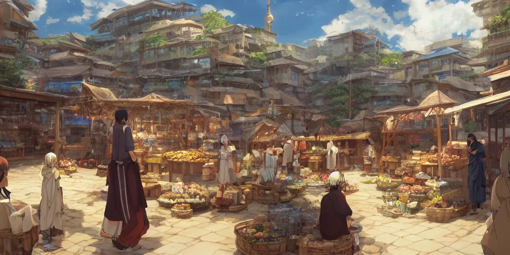 Prompt: biblical marketplace by makoto shinkai