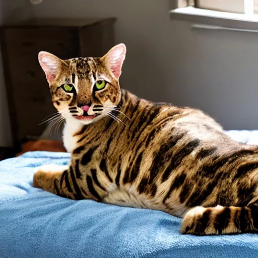 Prompt: a big house cat on a bed, ultra - realistic