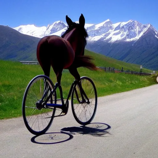 Image similar to horse bicycle!!!, cycling!!, anthropomorphic!!!, mountains, award winning photo,