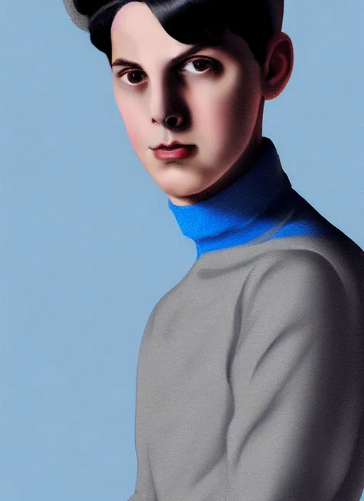 Image similar to portrait of teenage jughead jones wearing a light grey crown, crown, blue turtleneck, 1 9 5 0 s, closed eyes, photorealistic, black hair, glowing lighting, intricate, elegant, glowing lights, highly detailed, digital painting, artstation, concept art, smooth, sharp focus, illustration, art by wlop, mars ravelo and greg rutkowski