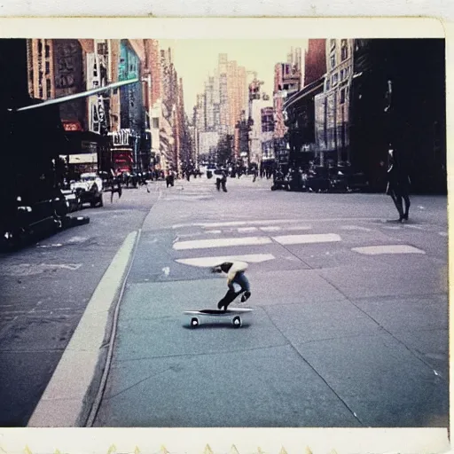 Prompt: wide-shot very low-angle eyesight photo of a skateboard at the street in New York, polaroid photo, by Andy Warhol, signed