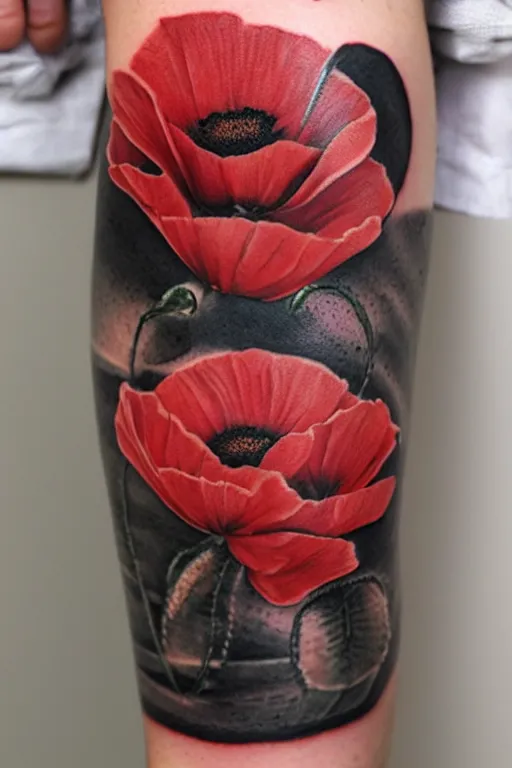 Prompt: fine line tattoo poppy, black and red