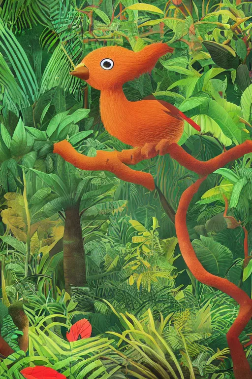 Image similar to rare bird in the jungle, hyper detailed, unreal engine render concept art, horizontal glitch, dark green, style of henri rousseau and richard scarry and hiroshi yoshida