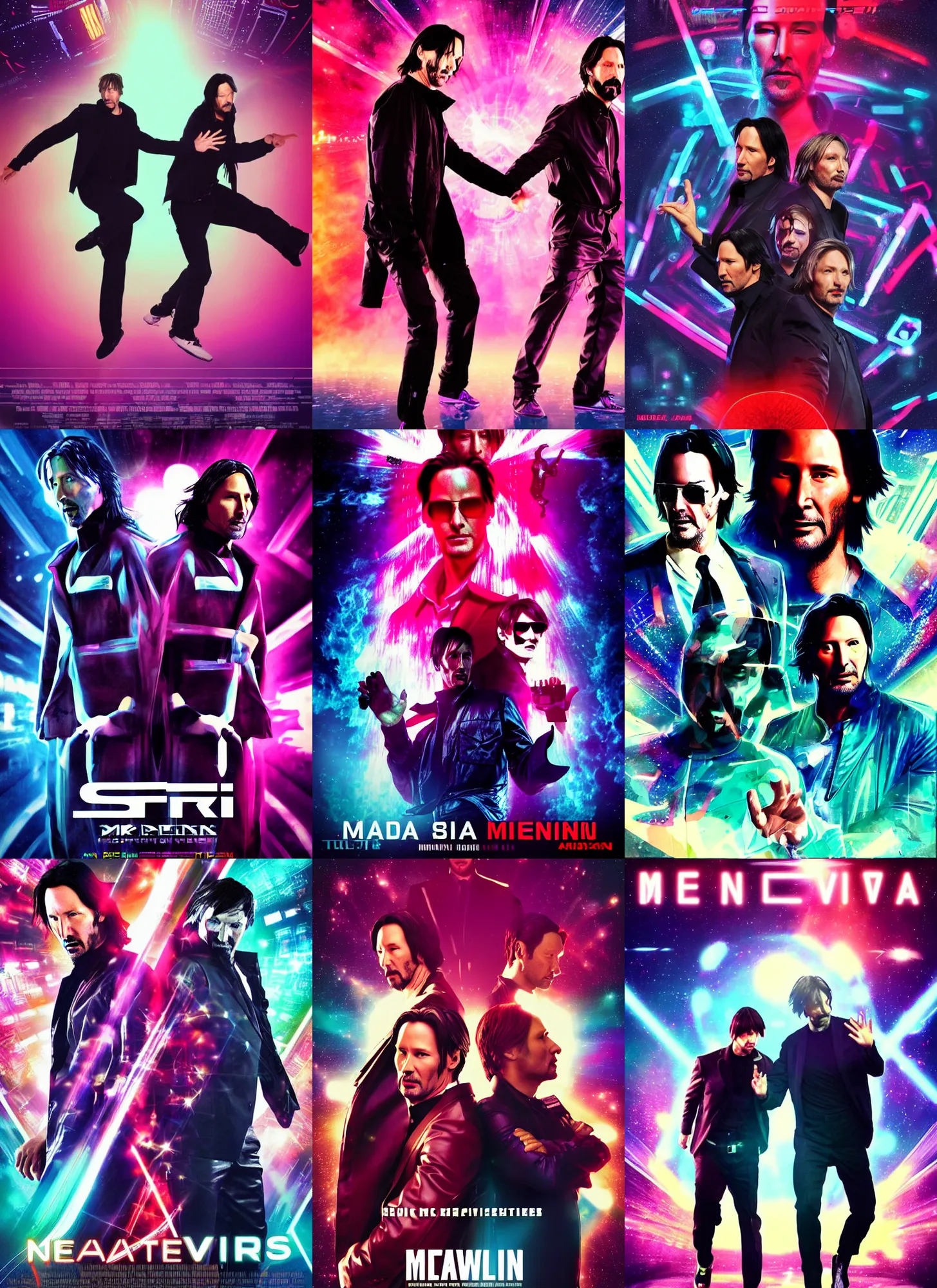Prompt: sci-fi movie poster with Keanu Reeves and Mads Mikkelsen in an epic dance battle, vaporwave style
