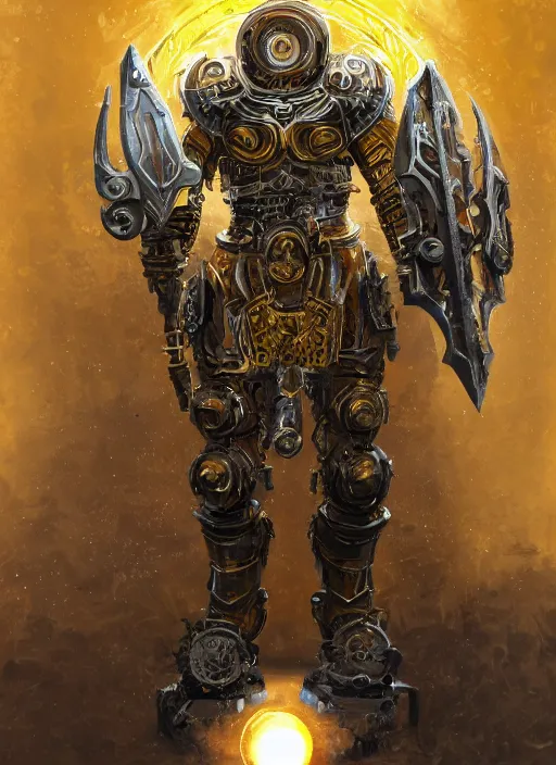 Image similar to full body, attack position abstract portrait of a intricate ornate holy mechanical warforged with circular glowing eye, character in yellow armor holding a paladin engraved great longsword drawn and carrying a big paladin shield, vertically flat head, face in focus, epic , trending on ArtStation, masterpiece, cinematic lighting, by Ross Tran and by Greg Rutkowski