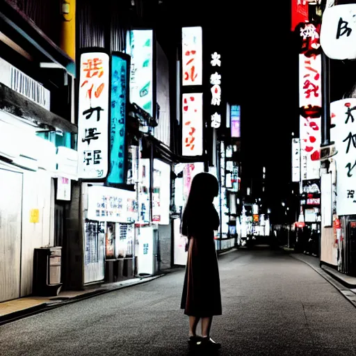 Prompt: a dramatic colorful fujifilm photograph of a young japanese girls silhouette standing in the middle of a tranquil nighttime tokyo street with neon signs