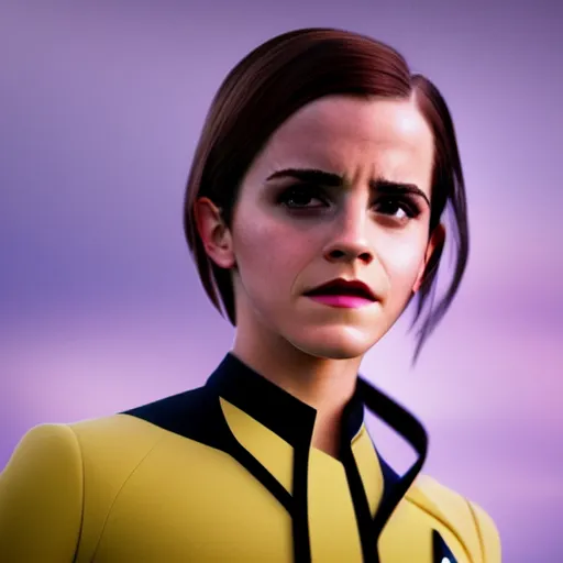 Image similar to Emma Watson in Star Trek, XF IQ4, f/1.4, ISO 200, 1/160s, 8K, Sense of Depth, color and contrast corrected, enhanced, Dolby Vision, symmetrical balance, in-frame