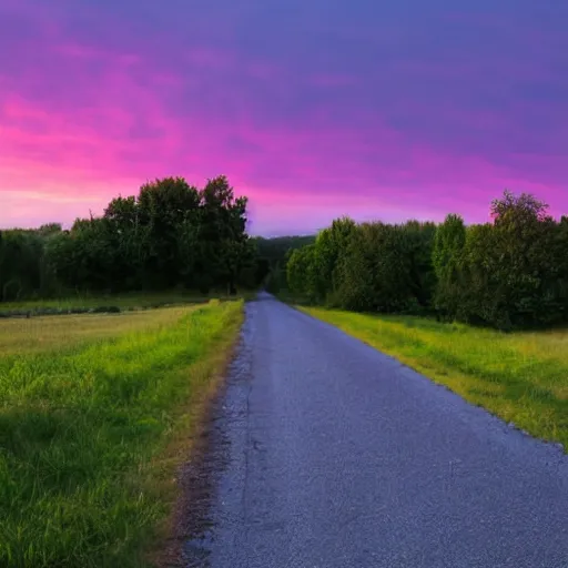 Prompt: lonely nostalgic suburb at sun rise with purple sky