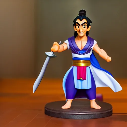 Prompt: side view of aladdin as nendoroid walking with arabic sword, 8 k hd dof, kodak film,