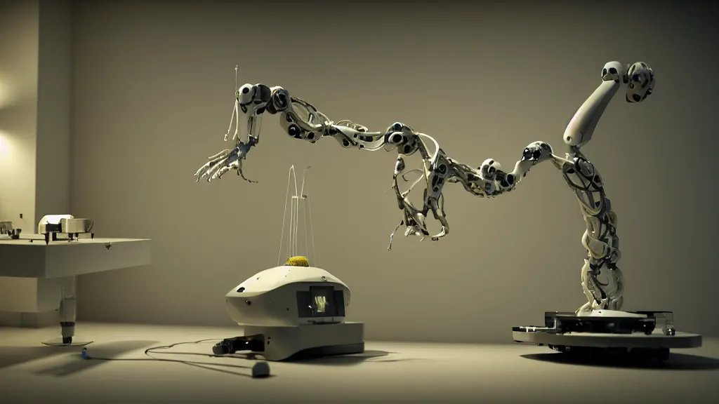 Image similar to a complex bifurcated robotic cnc surgical arm hybrid 3 d printer machine making organic ceramic kintsugi mandlebulb forms in the living room laboratory, film still from the movie directed by denis villeneuve with art direction by salvador dali, wide lens, f 3 2, cinematic lighting, studio quality, smooth render, unreal engine 5 rendered, octane rendered