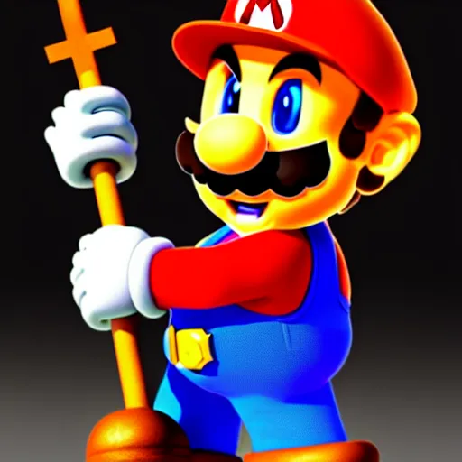 Prompt: super mario as a wizard holding a magical glowing staff, highly detailed, extremely high quality, hd, 4 k, 8 k, professional photographer, 4 0 mp, lifelike, top - rated, award winning, realistic, detailed lighting, detailed shadows, sharp, no blur, edited, corrected, trending