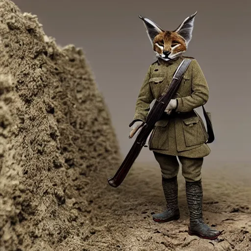 Prompt: cute fluffy caracal in trenches of ww 1, wearing ww 1 hermet, with rifle, old photo, hyperrealistic detailed 8 k, very detailed face, trenches at background