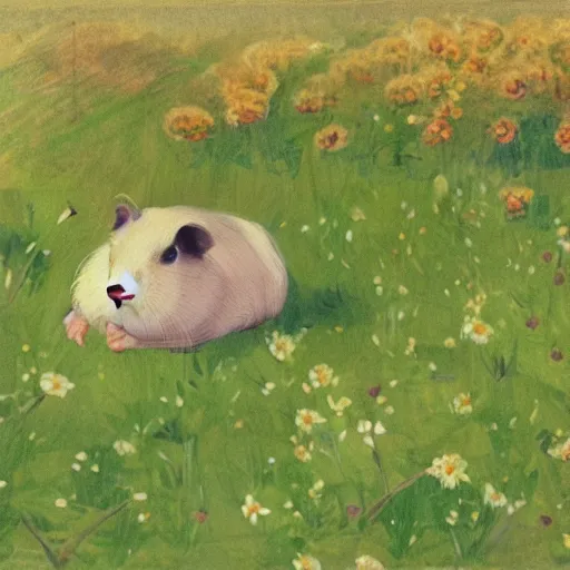 Prompt: a guinea pig sitting in a field of dandelions, an apple tree in the background In the style of Anders Zorn