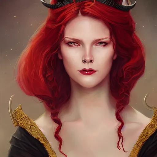 Prompt: a detailed matte head - on portrait painting of an middle - aged tiefling noblewoman with golden eyes and short long flowing red hair, by charlie bowater, lise deharme, wlop, tending on arstation, dungeons and dragon, dnd, pathfinder, fanart, oil on canvas