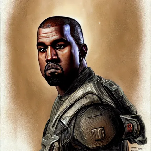 Image similar to Kanye West as a Sci-Fi Soldier, close-up portrait art by Donato Giancola and James Gurney, digital art, trending on artstation