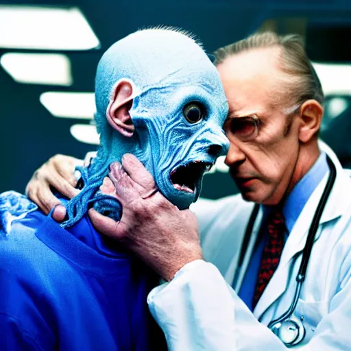 Image similar to a hyper detailed filmic closeup 30mm color film photograph of a bundle of dangerous gorey shape shifting alien tendrils strangling and smothering a male 70-year-old doctor wearing a blue lab coat under dreary fluorescent lights in the style of a horror film still