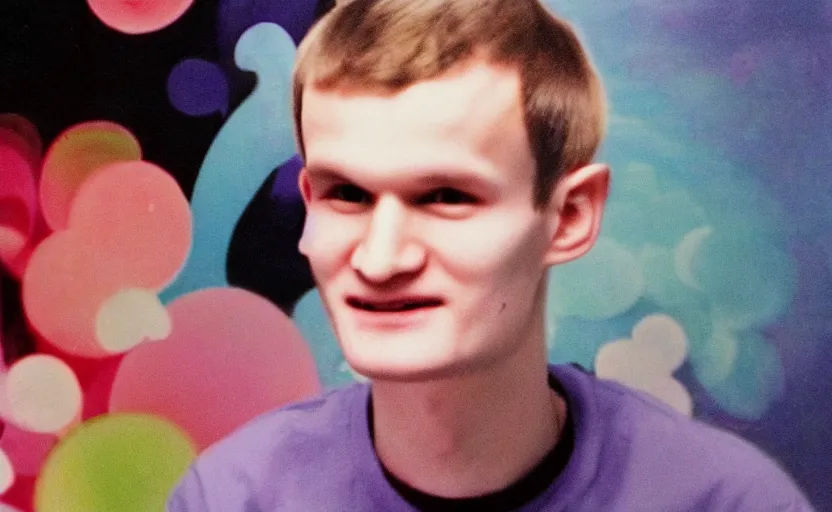 Image similar to a dreamy retro 8 0 s photo of vitalik buterin, bloomy, colorful, awesome