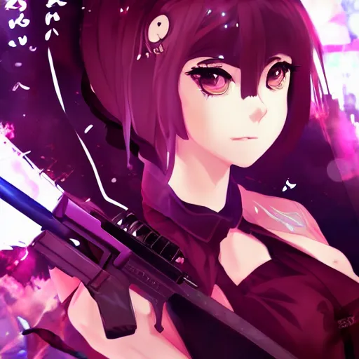 Image similar to poster art of anime girl with cyberpunk style outfit, cute face, pretty, Anime, posing with a gun by Valorant and Julia Yurtsev, Fierce expression 4k, 8k, HDR, Trending on artstation, Behance, Pinterest