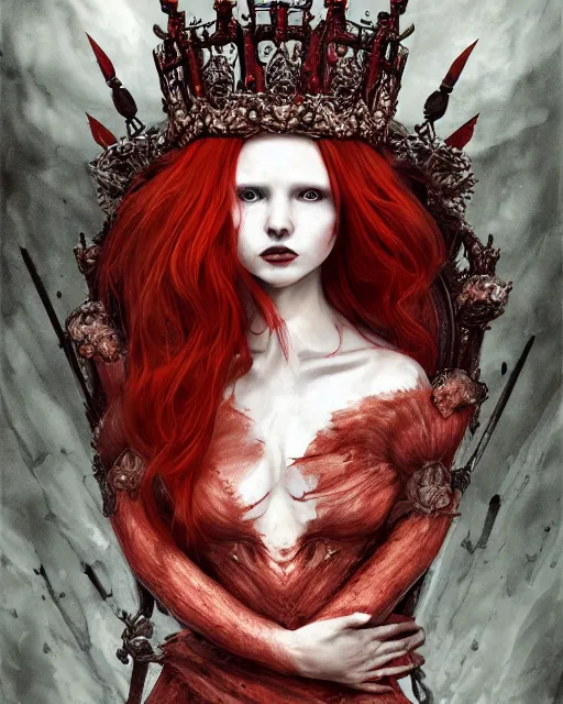 Prompt: redhead queen in heavy redarmor, inside an epic gothic castle, baroque hearts, large crown, face with scars, mad grin, intimidating, ominous, high fantasy, intricate detail, digital painting, artstation, concept art, smooth, sharp focus, illustration, art by yoshitaka amano and monia merlo and wlop