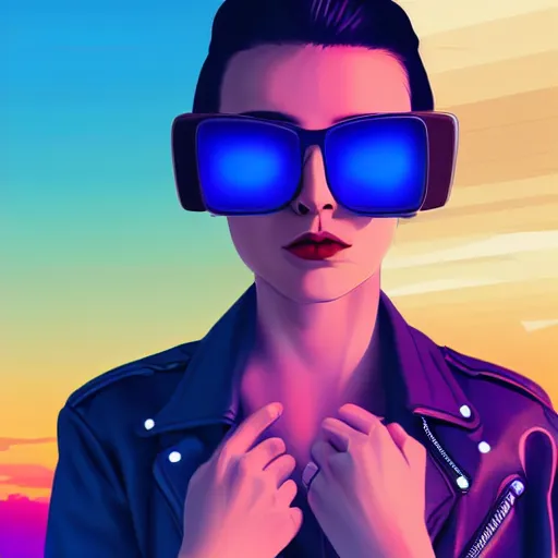 Image similar to a woman with light blue shutter shades in front of a sunset, a dark brown leather jacket, one side brown haircut with blue ends, vector art by jan tengnagel, pixabay contest winner, retrofuturism, retrowave, synthwave, outrun, portrait, synthwave