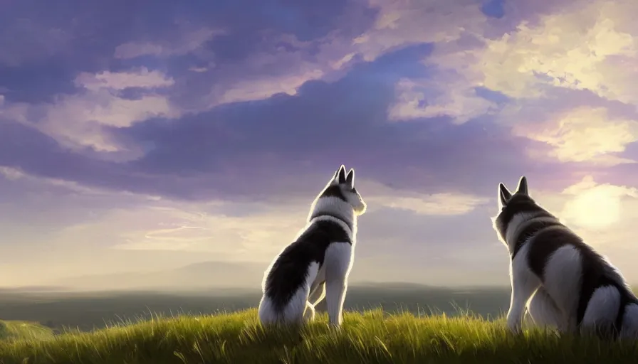 Image similar to back view of husky watching the sun sitting of the hill, clouds in the sky, hyperdetailed, artstation, cgsociety, 8 k
