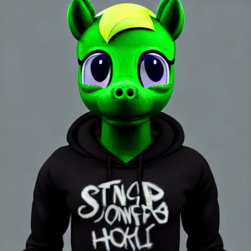 Image similar to a stoner with a black hoodie on with a marijuana themed dark green pony head from my little pony, 3 d, blender 3 d, render, extremely detailed, 8 k, stoned red eyes