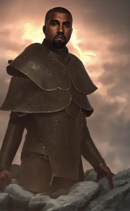 Image similar to Portrait of Kanye West as Emperor Napoleon in Skyrim, splash art, movie still, cinematic lighting, dramatic, octane render, long lens, shallow depth of field, bokeh, anamorphic lens flare, 8k, hyper detailed, 35mm film grain