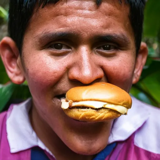 Image similar to a high detail photograph of a proud guatemalan citizen eating a hamburger in the middle of the jungle, award winning photograph