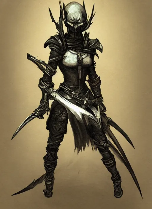 Prompt: a drawing of a rogue with a skull head, concept art by miyazaki, dark souls, polycount, antipodeans, concept art, official art, polycount