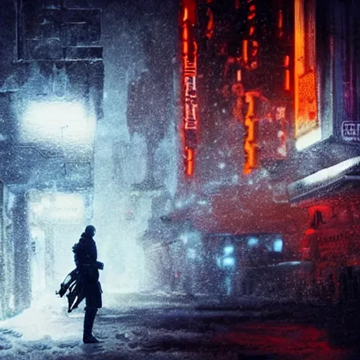 Image similar to white mecha armor Bladerunner 2049 still tall white armor walks through snowy street intimidating glowing orange emissives snowy evening moody dark lighting numerous people on the street