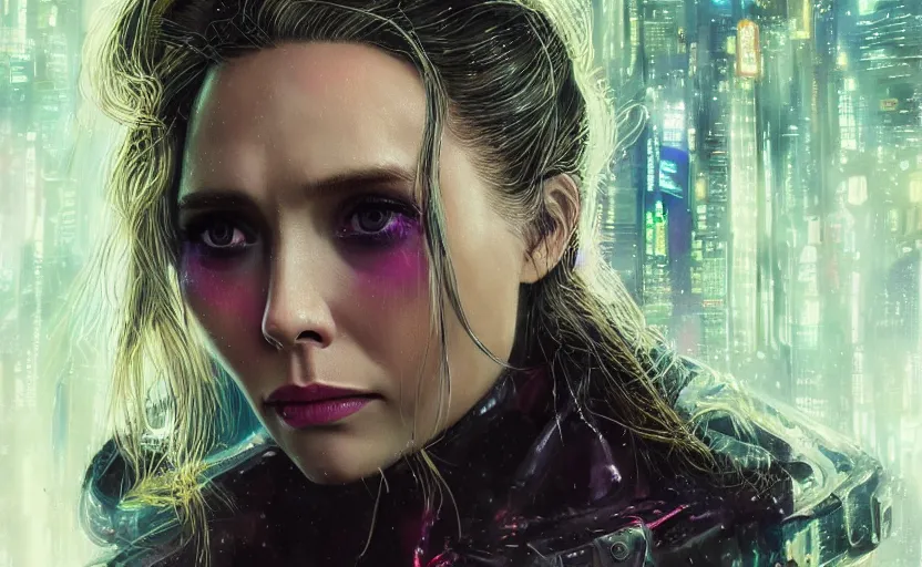 Image similar to detailed film still of portrait neon operator elizabeth olsen in the movie blade runner, messy ponytail, cyberpunk futuristic, neon, reflective puffy coat, decorated with traditional japanese by smail inceoglu dragan bibin hans thoma greg rutkowski alexandros pyromallis nekro, illustrated, perfect face, fine details, realistic shaded, fine - face, pretty face