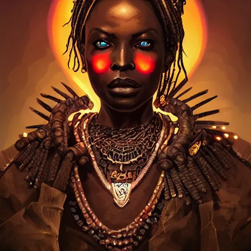 Prompt: a dark and ominous african queen with glowing eyes, a black diamond in her forehead, and jewelry made of bones, magic circles, magic vortex, Apex Legends character digital illustration portrait design, by android jones and greg rutkowski in a cyberpunk voodoo style, detailed, cinematic lighting, wide angle action dynamic portrait