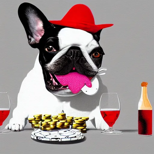 Prompt: a French Bulldog gambling in Las Vegas inspired by Ralph Steadman, Digital Art