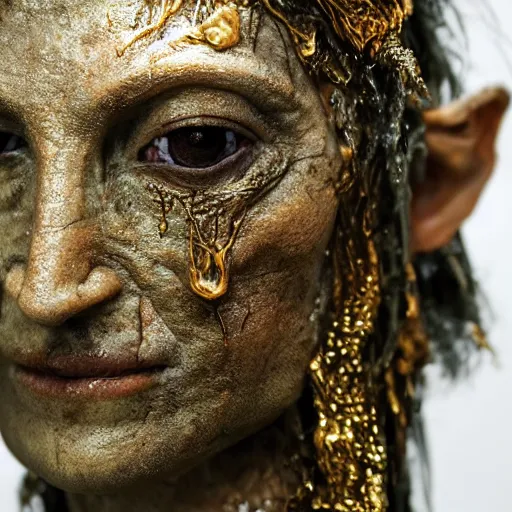 Image similar to photo taken of an epic intricate, ultra detailed, super realistic gritty, wet, lifelike sculpture of an eldritch druid queen by weta workshop, zoomed in shots, sublime subsurface scattering, photorealistic, sharp focus, white wall coloured workshop, desaturated, cold colour temperture, f 2, face centred, golden ratio, golden hour