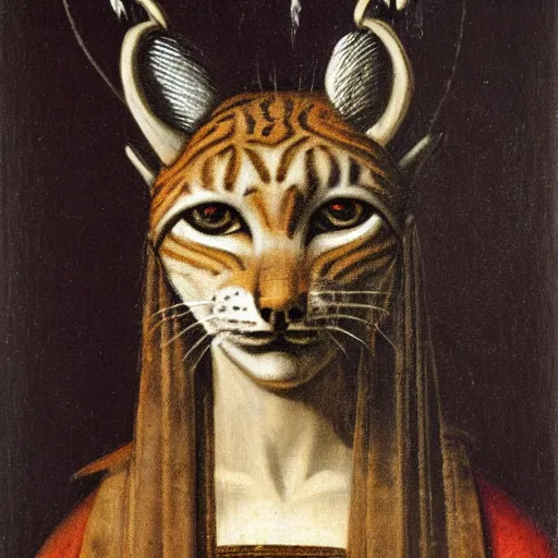 Prompt: renaissance style portrait of an lynx wearing a crown and a cape, dark background